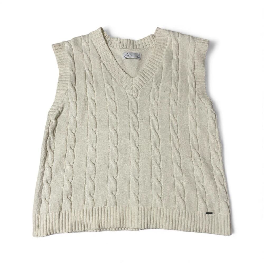 Hollister Sweater Vest Women Small Ivory V-Neck Sleeveless Knit Layering Ivy